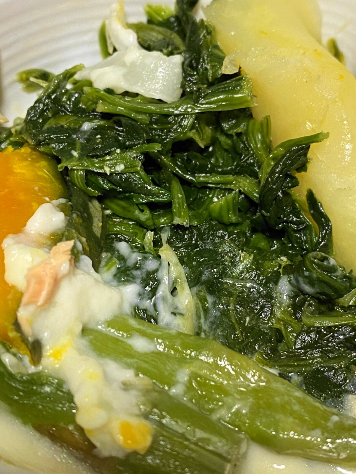 サーモンの下に敷き詰められたほうれん草