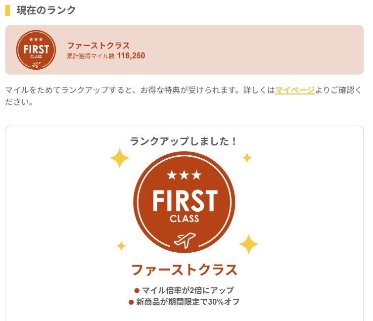 ランクがファーストクラスにアップした時の例